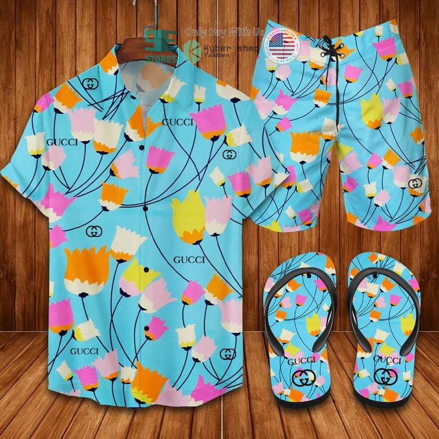 gucci flower light blue hawaii shirt shorts 1 14990