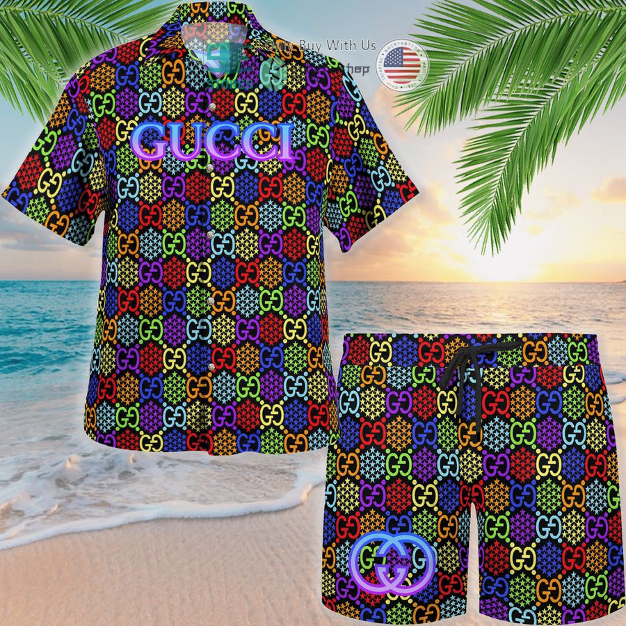 gucci neon logo colors hawaii shirt shorts 1 32916