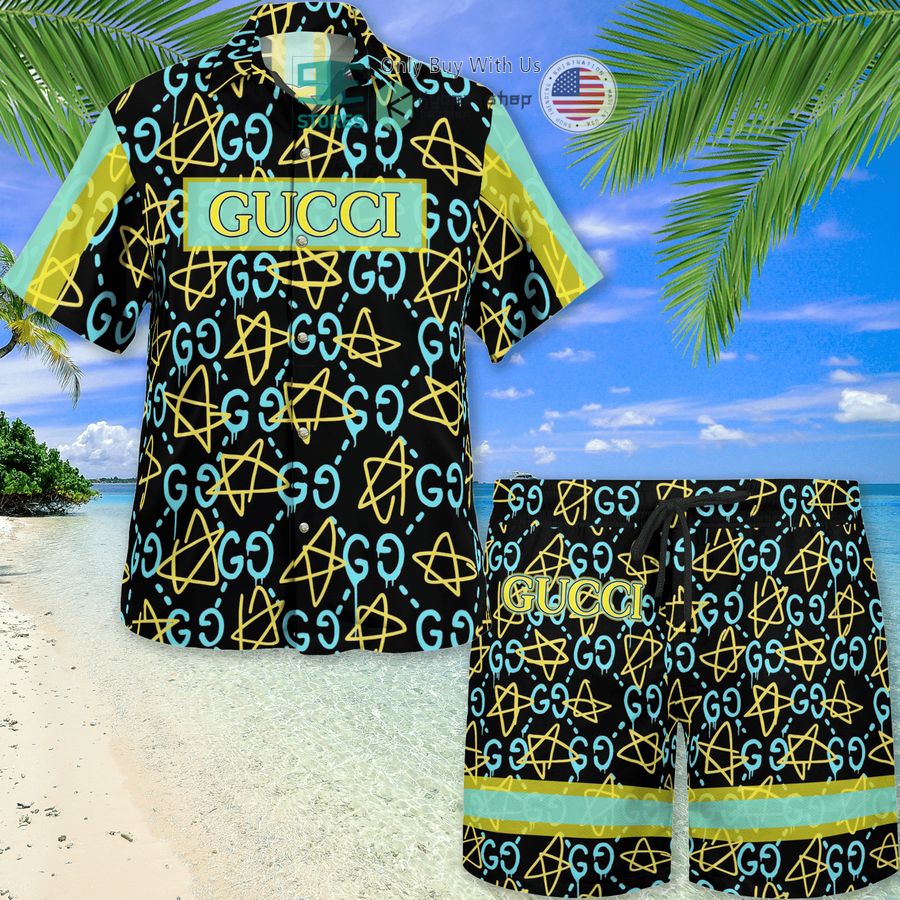 gucci star pattern yellow blue hawaii shirt shorts 1 38160