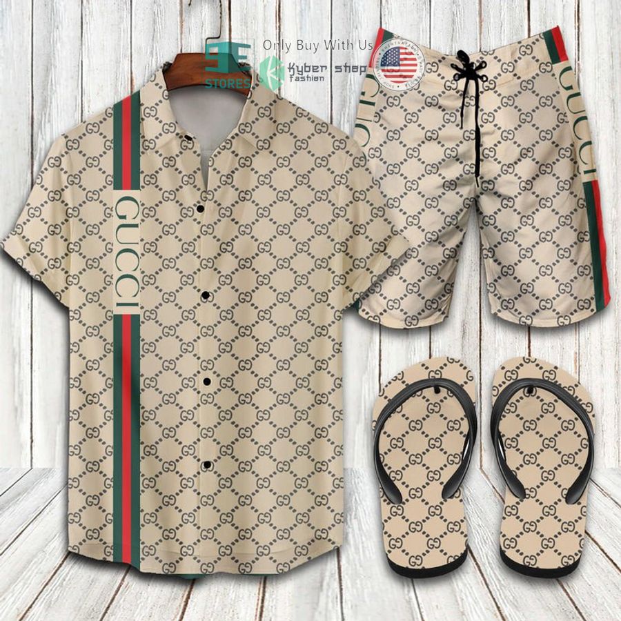 gucci stripes cream hawaii shirt shorts 1 91457