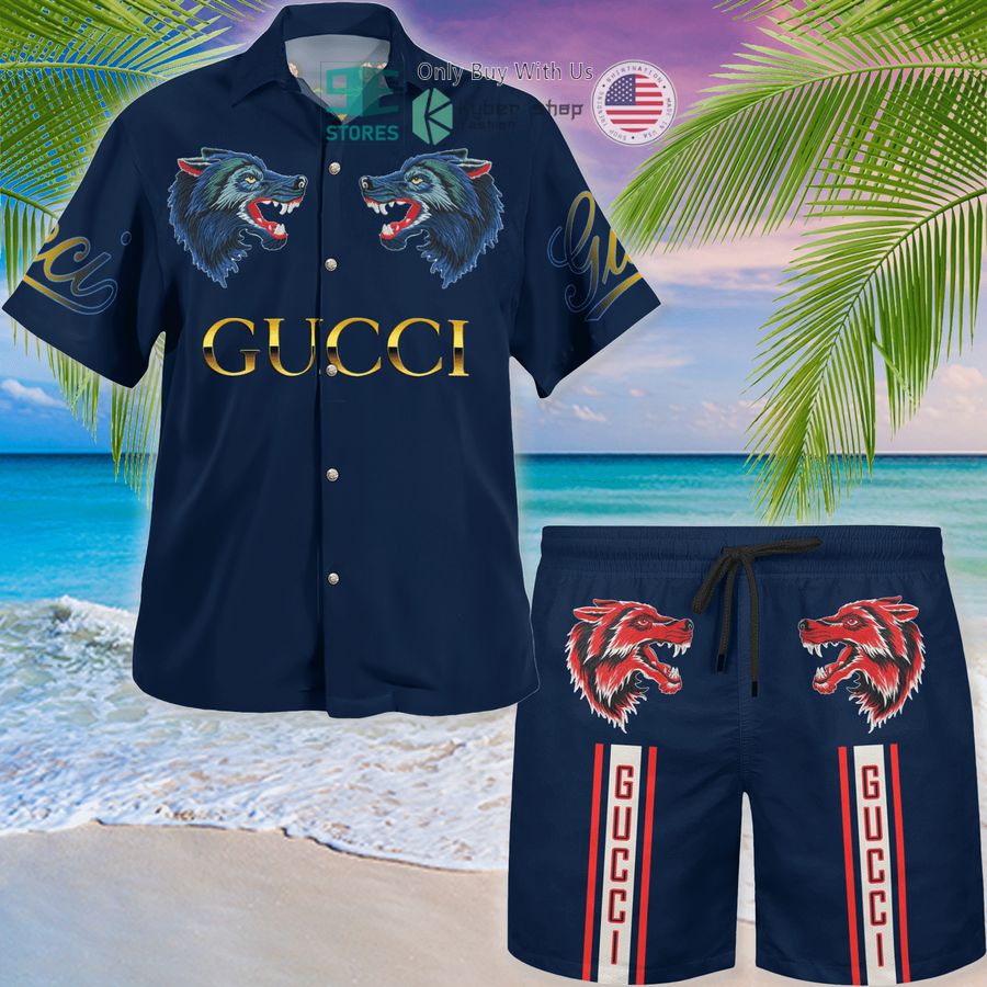 gucci wolf pattern red navy hawaii shirt shorts 1 59762