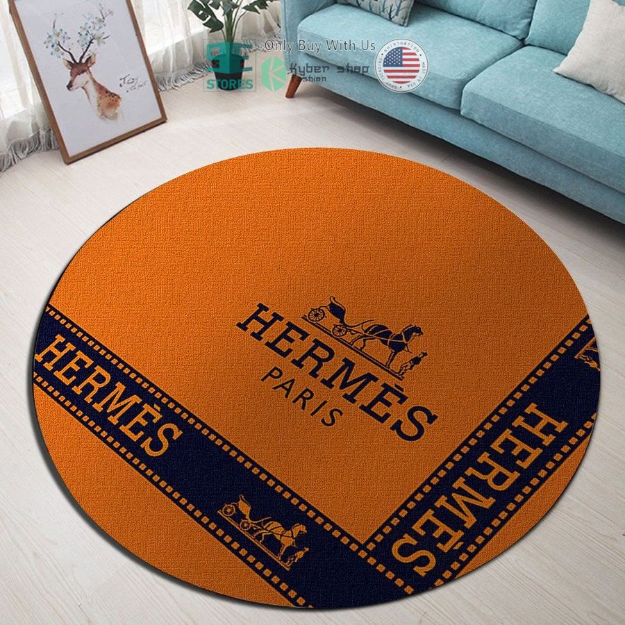 hermes paris blue orange pattern horse round rug 1 48771