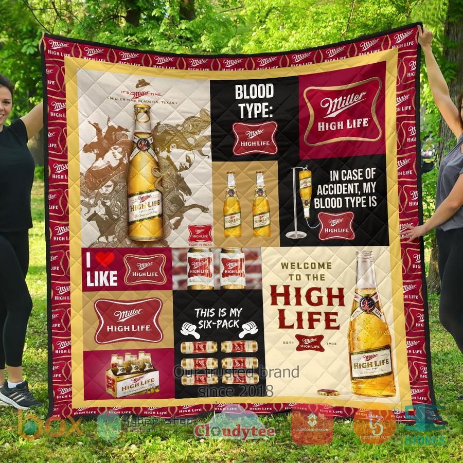 in case of accident my blood types is miller high life quilt blanket 1 3505