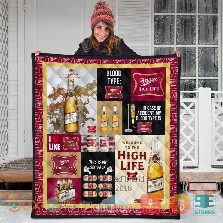 in case of accident my blood types is miller high life quilt blanket 3 19634