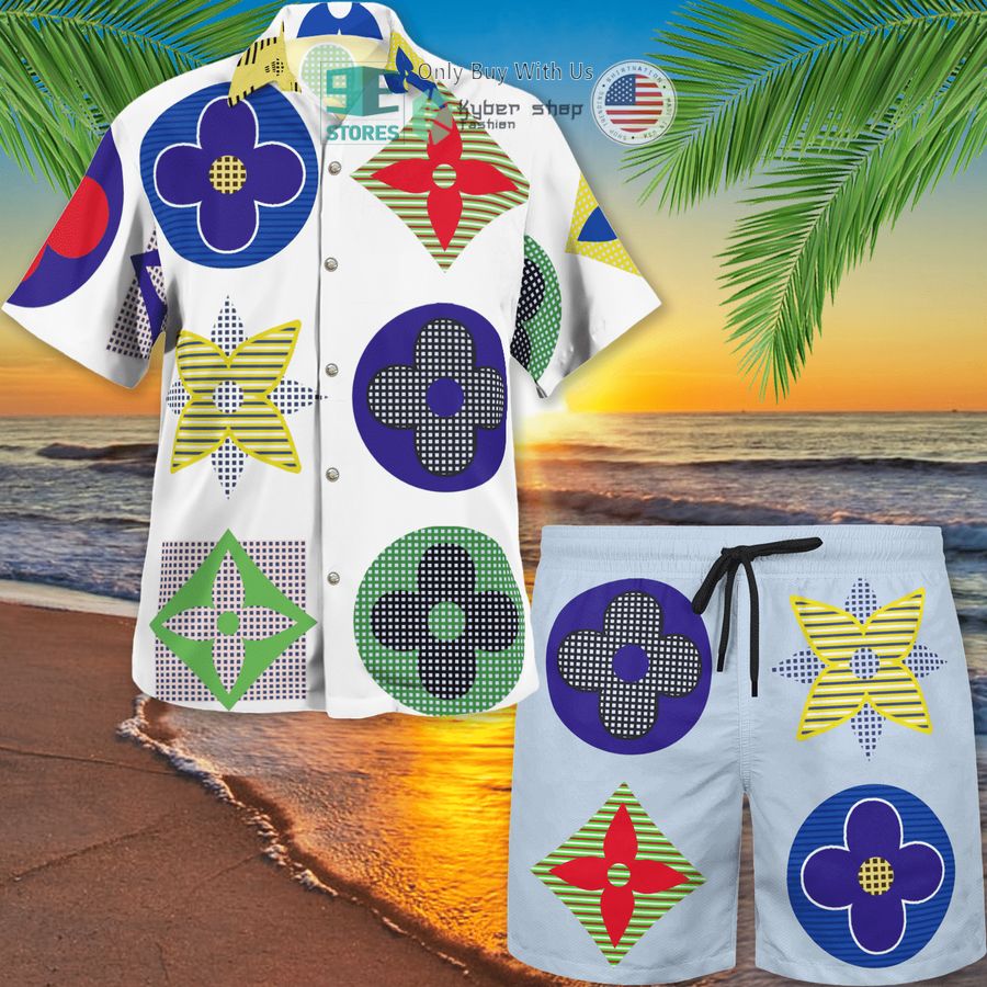 louis vuitton big color pattern white hawaii shirt shorts 1 62946