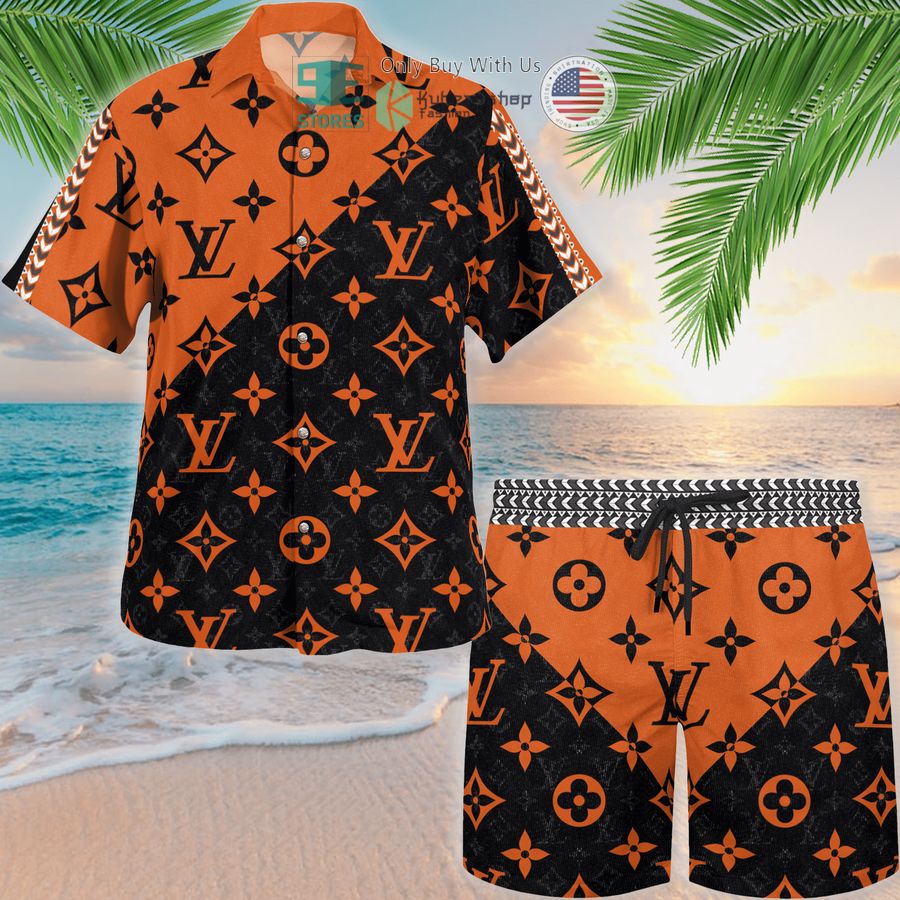 louis vuitton black pattern orange hawaii shirt shorts 1 10908