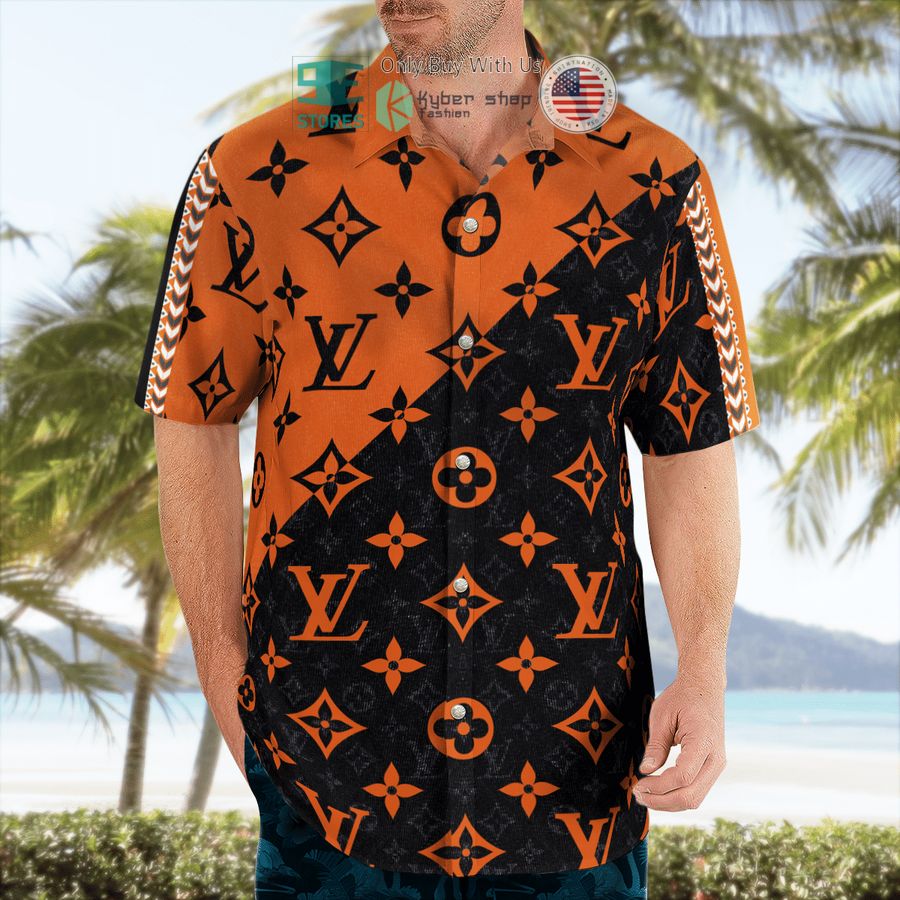 louis vuitton black pattern orange hawaii shirt shorts 2 5849