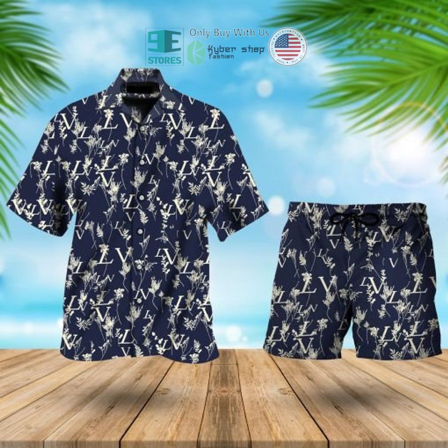 louis vuitton blue black hawaii shirt shorts 1 55667