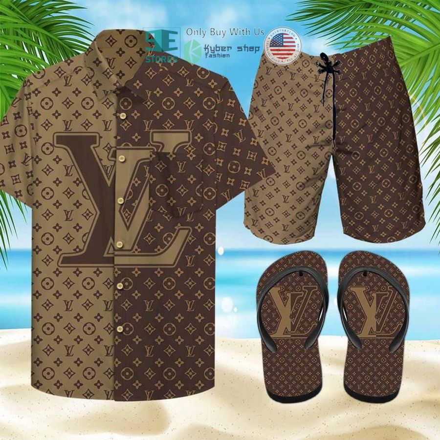 louis vuitton brown pattern hawaii shirt shorts 1 53273