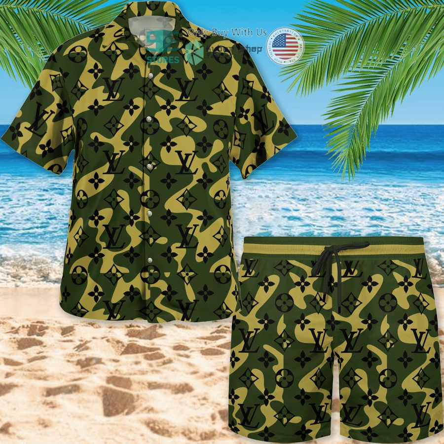 louis vuitton camo green hawaii shirt shorts 1 46360
