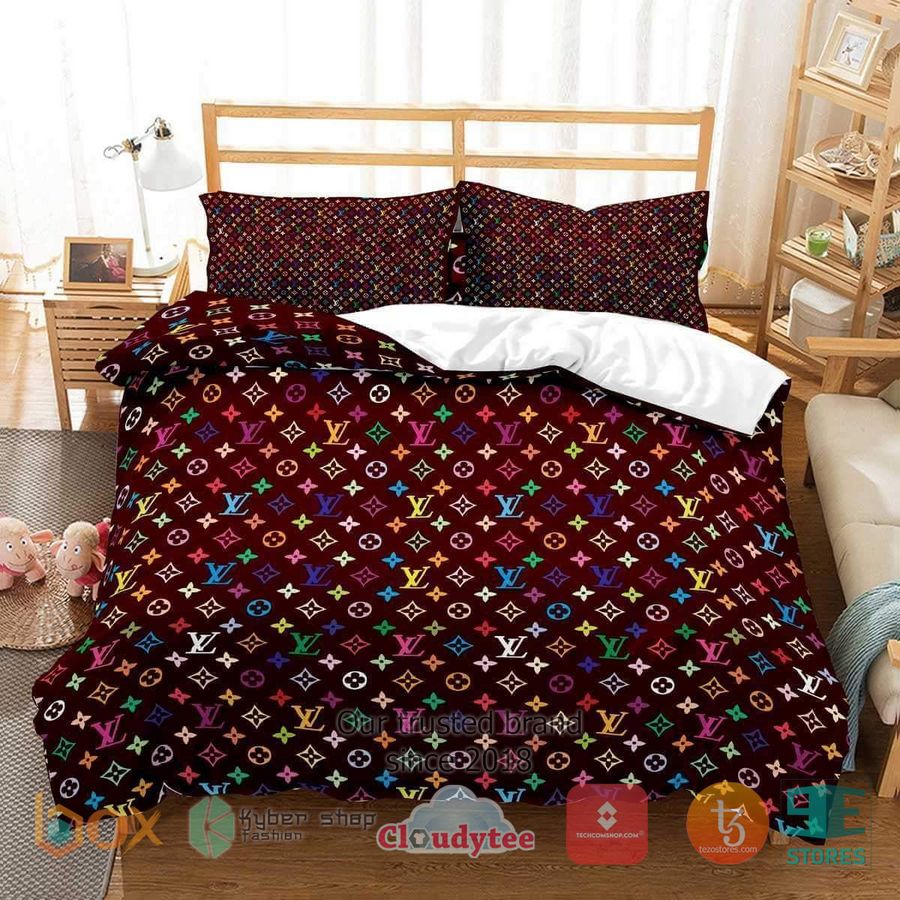 louis vuitton colorful pattern dark red bedding set 1 53076