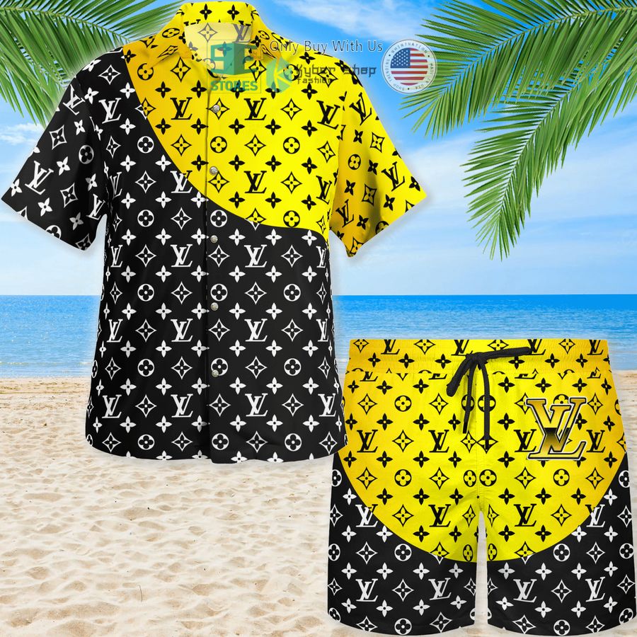 louis vuitton flower pattern yellow black hawaii shirt shorts 1 20213