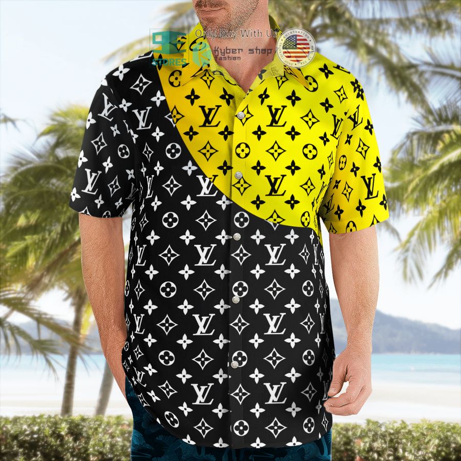 louis vuitton flower pattern yellow black hawaii shirt shorts 2 26368