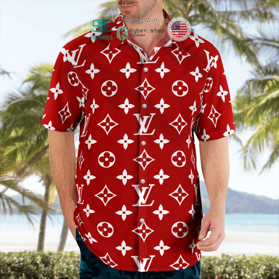 louis vuitton flower red hawaii shirt shorts 2 3716