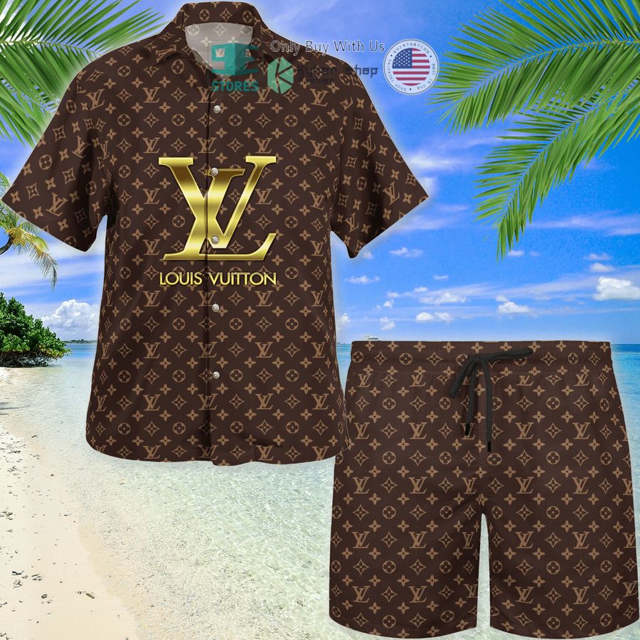 louis vuitton gold logo brown hawaii shirt shorts 1 453