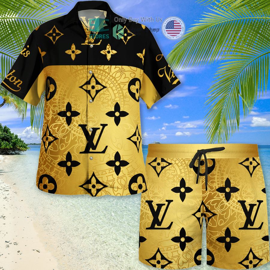 louis vuitton gold patten black luxury hawaii shirt shorts 1 79306