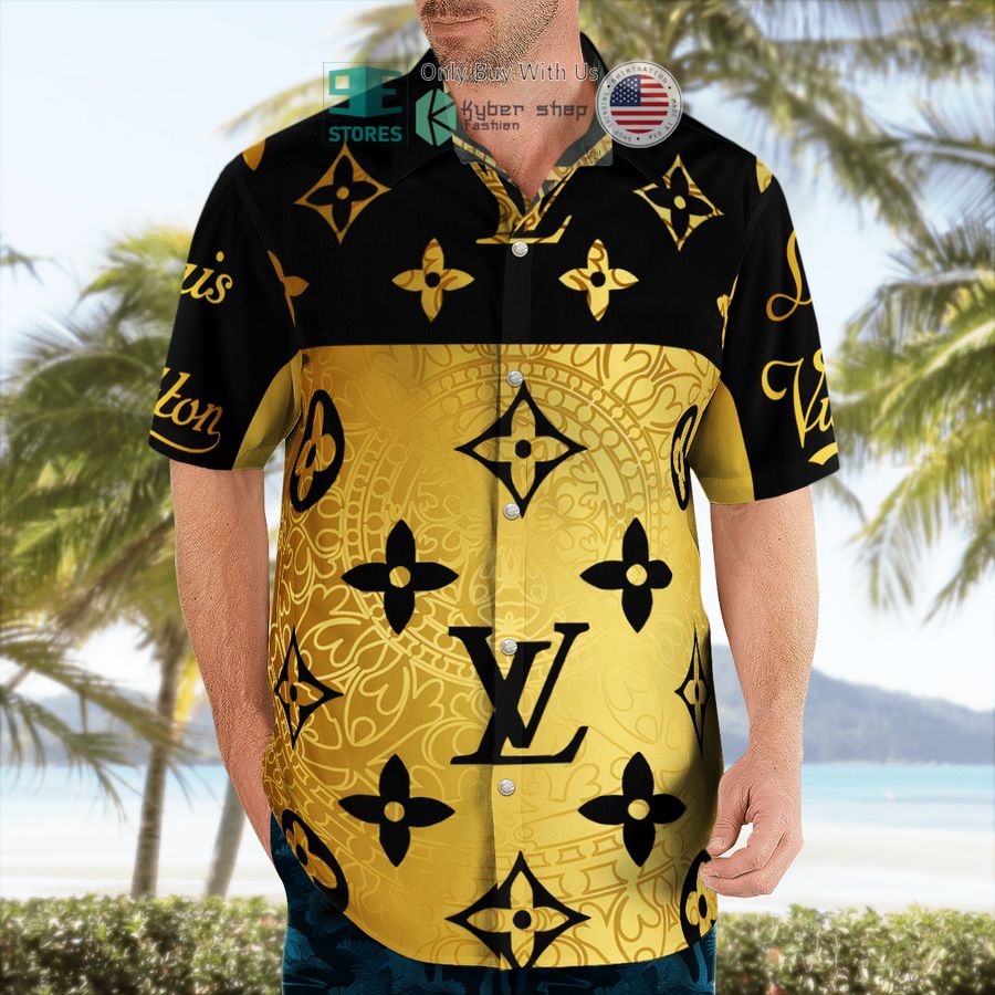 louis vuitton gold patten black luxury hawaii shirt shorts 2 81528