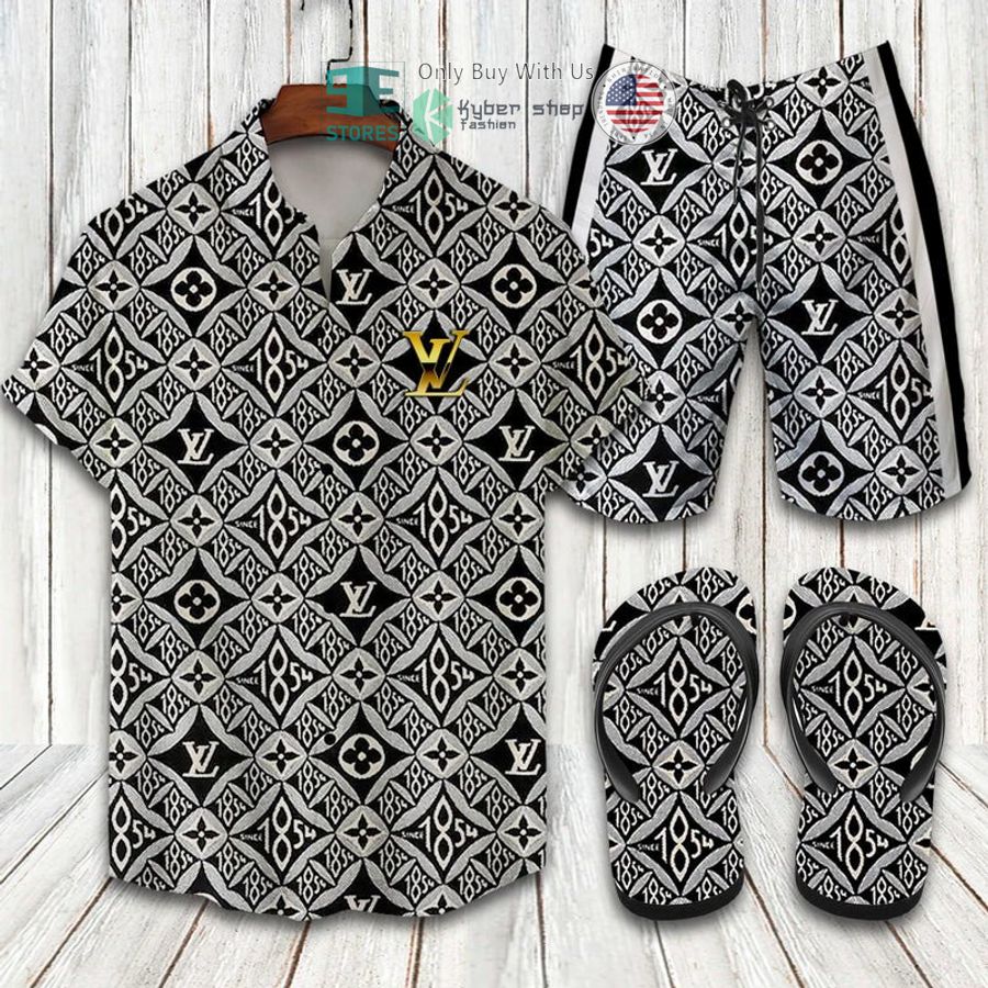louis vuitton grey black hawaii shirt shorts 1 53628