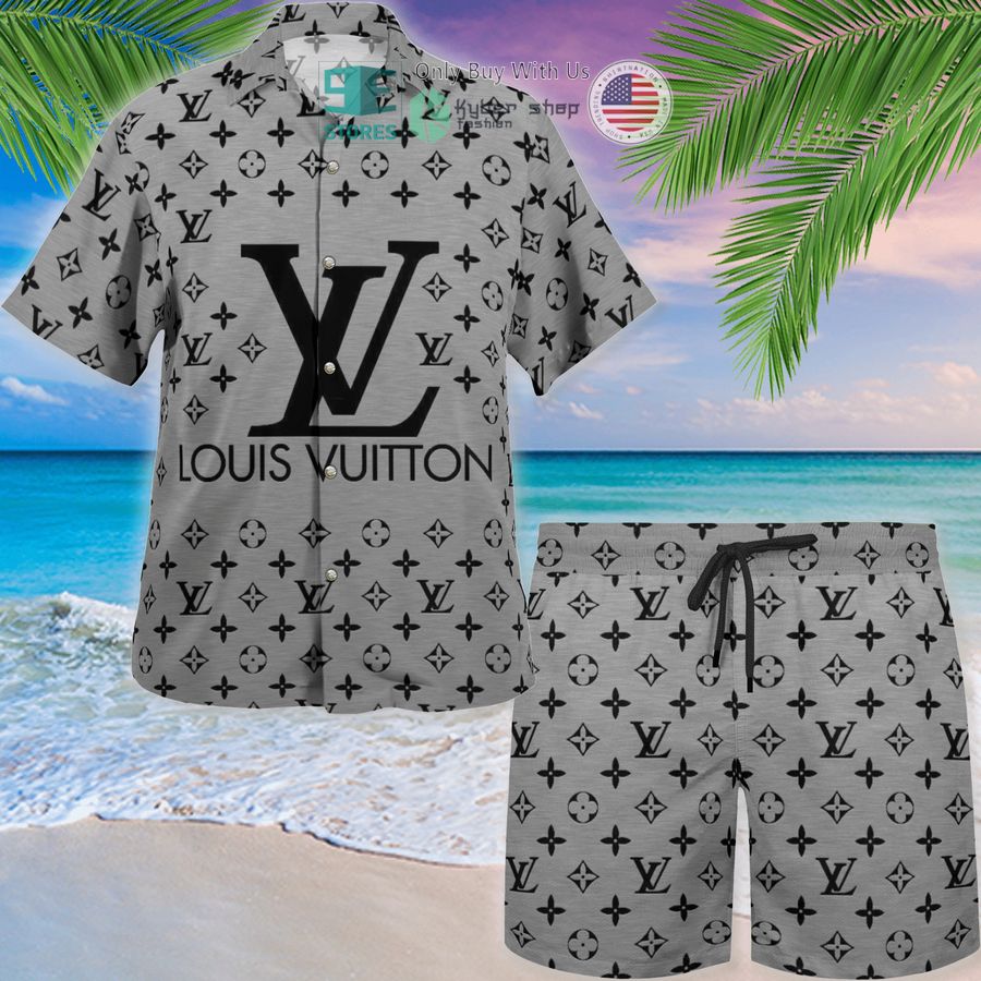 louis vuitton grey pattern hawaii shirt shorts 1 68432