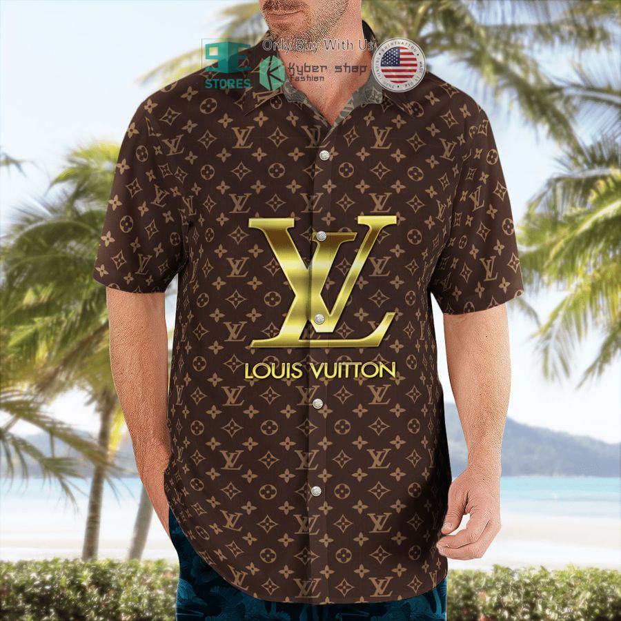 louis vuitton logo brown hawaii shirt shorts 2 72315