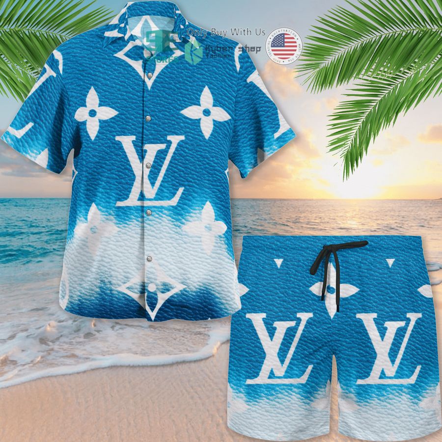 louis vuitton lv white blue hawaii shirt shorts 1 36611