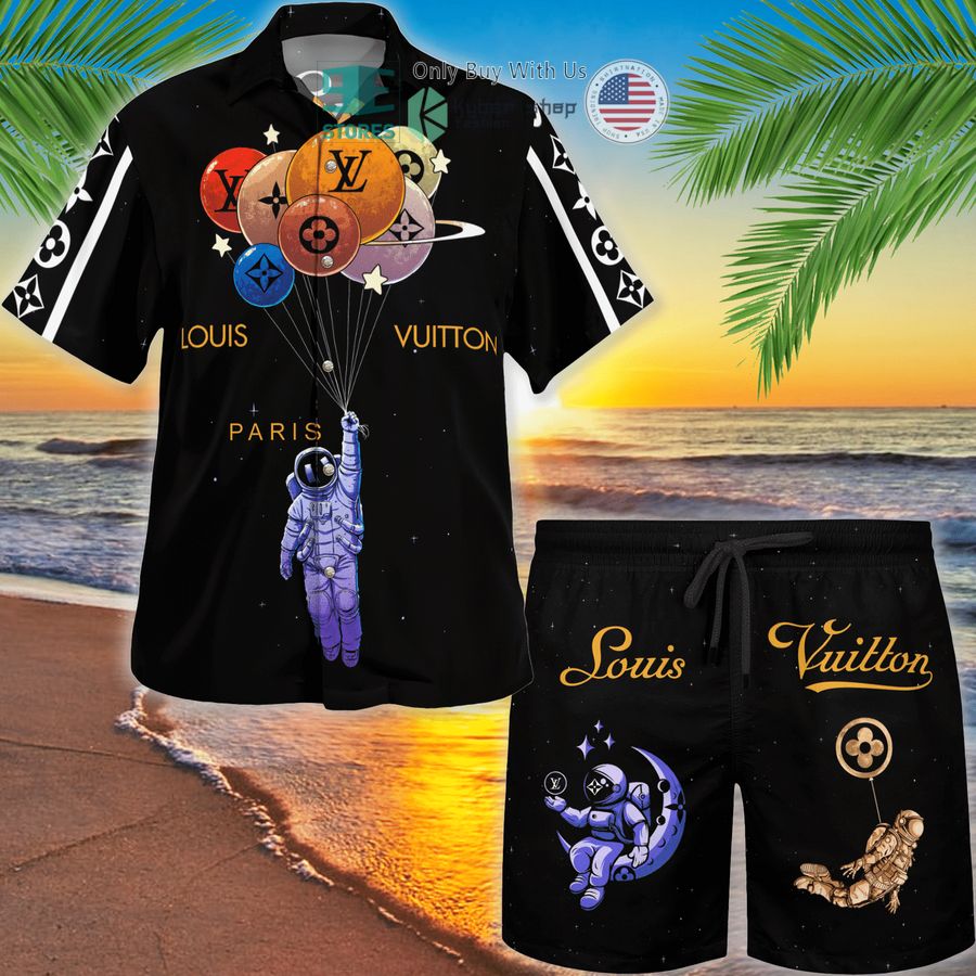 louis vuitton paris astronaut balloon black hawaii shirt shorts 1 65276