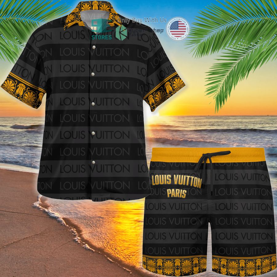 louis vuitton paris flower gold pattern black hawaii shirt shorts 1 84001