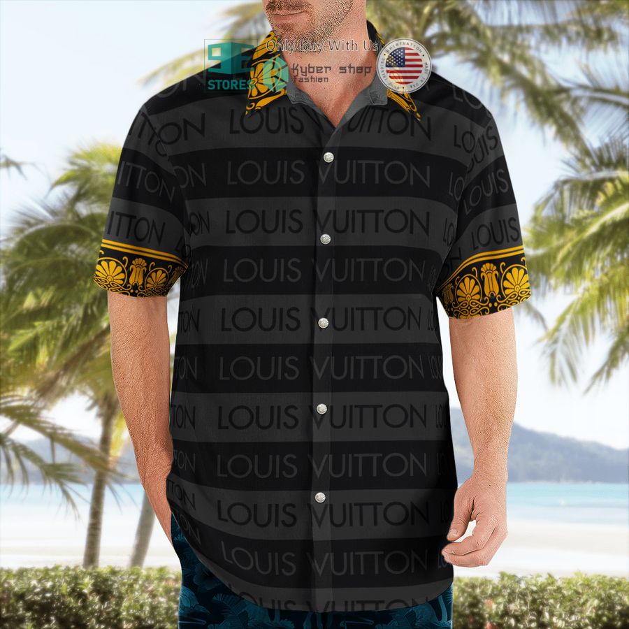 louis vuitton paris flower gold pattern black hawaii shirt shorts 2 54653