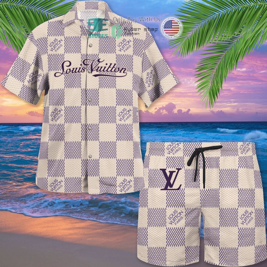 louis vuitton paris purple white caro pattern hawaii shirt shorts 1 71874