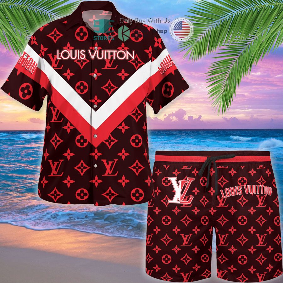 louis vuitton pattern red hawaii shirt shorts 1 31660