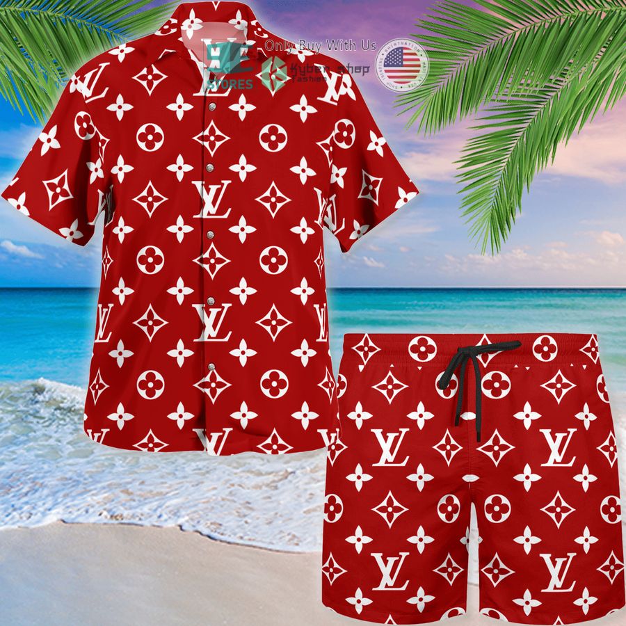 louis vuitton red pattern hawaii shirt shorts 1 70647