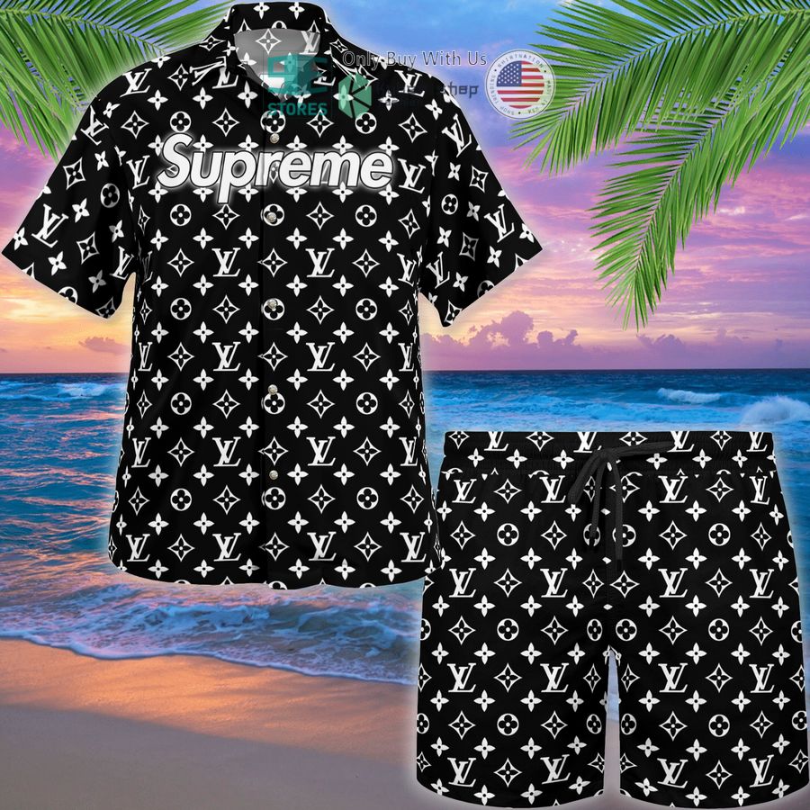 louis vuitton supreme white pattern black hawaii shirt shorts 1 36945
