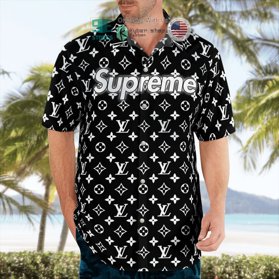 louis vuitton supreme white pattern black hawaii shirt shorts 2 74673