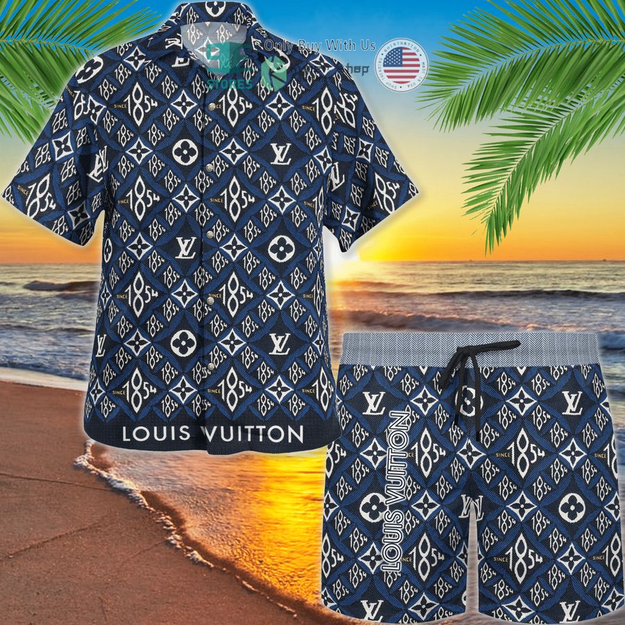 louis vuitton white navy pattern hawaii shirt shorts 1 76980