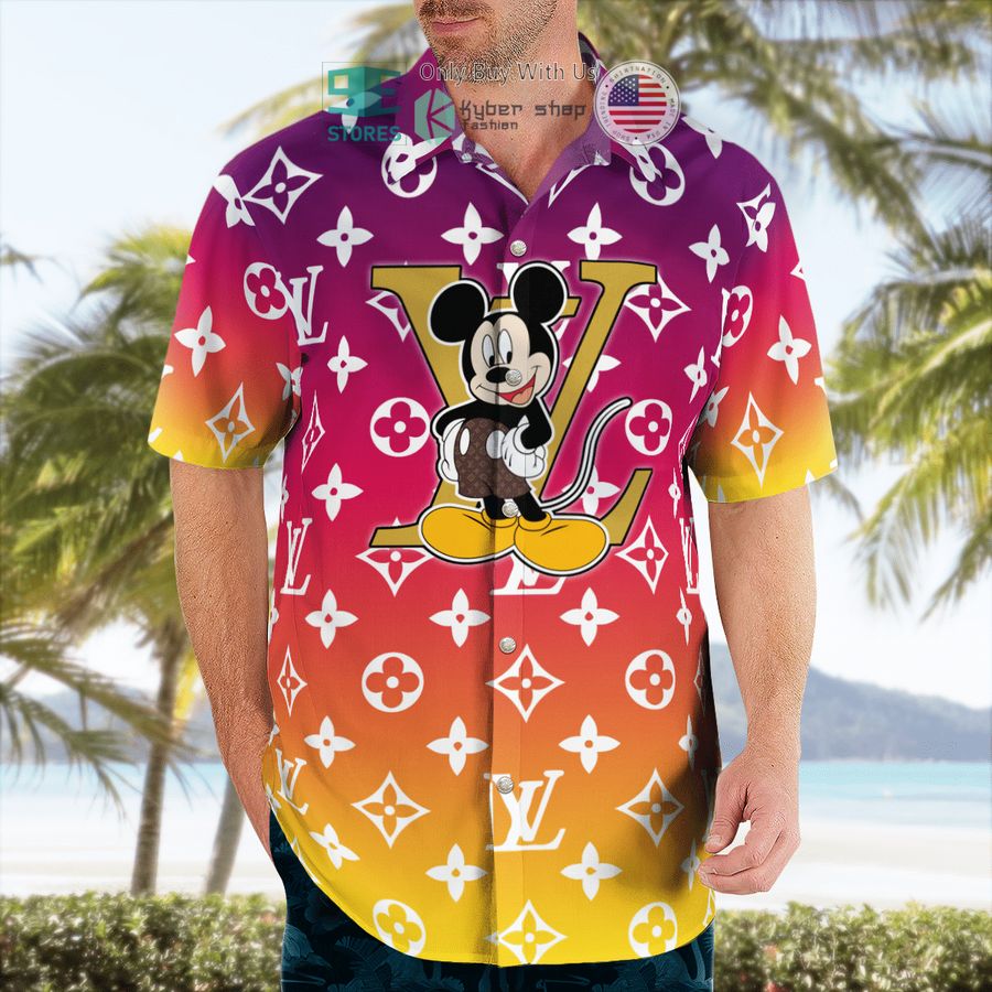 mickey mouse louis vuitton pink yellow hawaii shirt shorts 2 14926