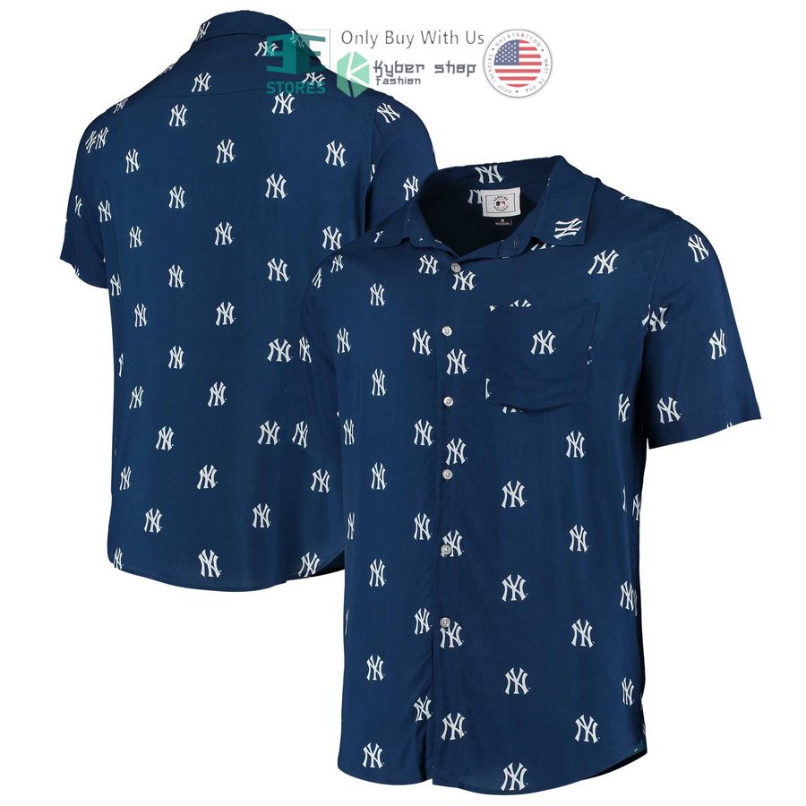 new york yankees mini print logo navy hawaiian shirt 1 15926