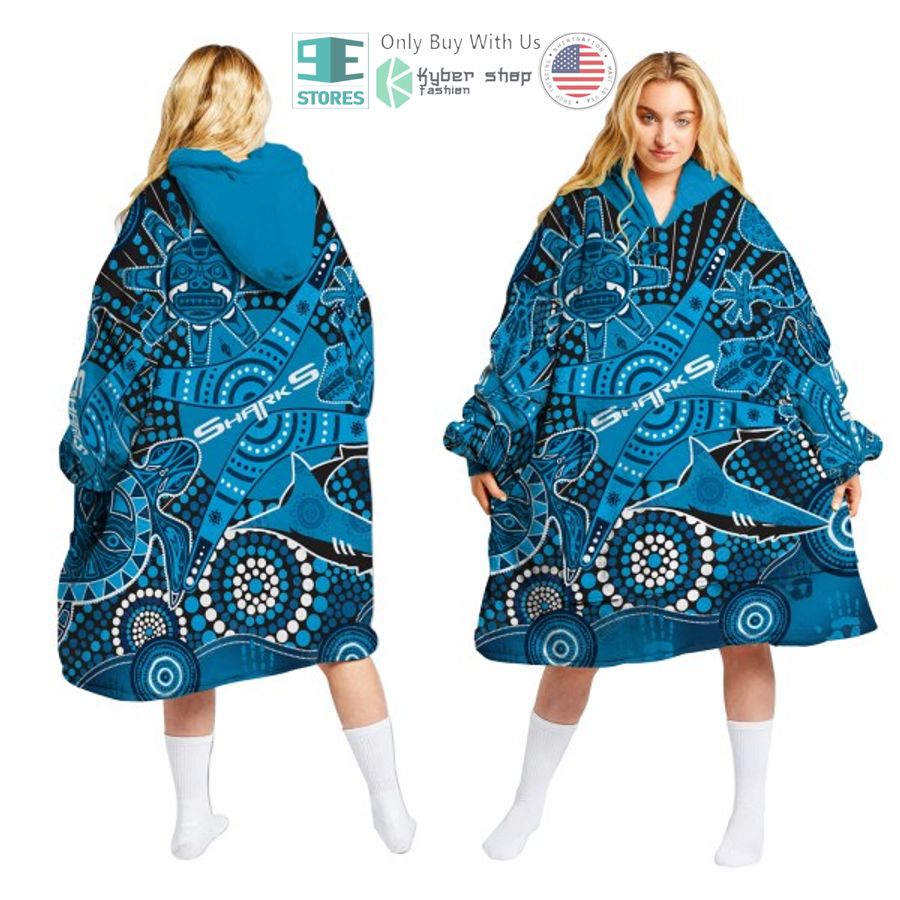 nrl cronulla sutherland sharks aboriginal pattern sherpa hooded blanket 1 14130