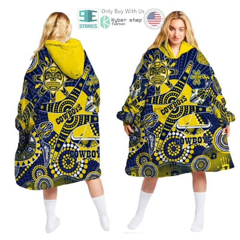 nrl north queensland cowboys aboriginal pattern sherpa hooded blanket 1 72747