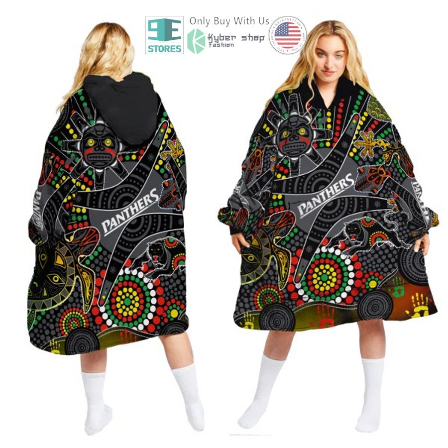 nrl penrith panthers aboriginal pattern sherpa hooded blanket 1 59003