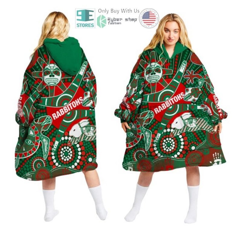 nrl south sydney rabbitohs aboriginal pattern sherpa hooded blanket 1 19167