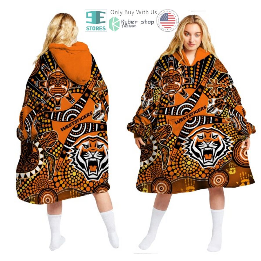 nrl wests tigers aboriginal pattern sherpa hooded blanket 1 40156
