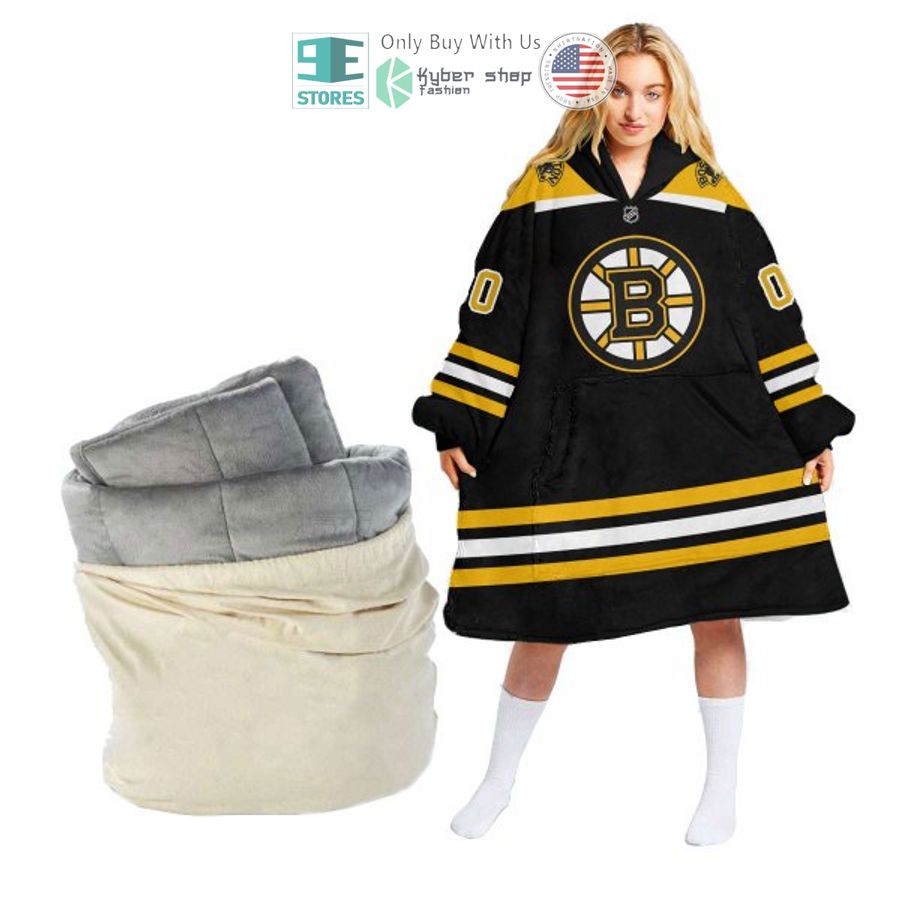 personalized boston bruins logo black sherpa hooded blanket 1 61572
