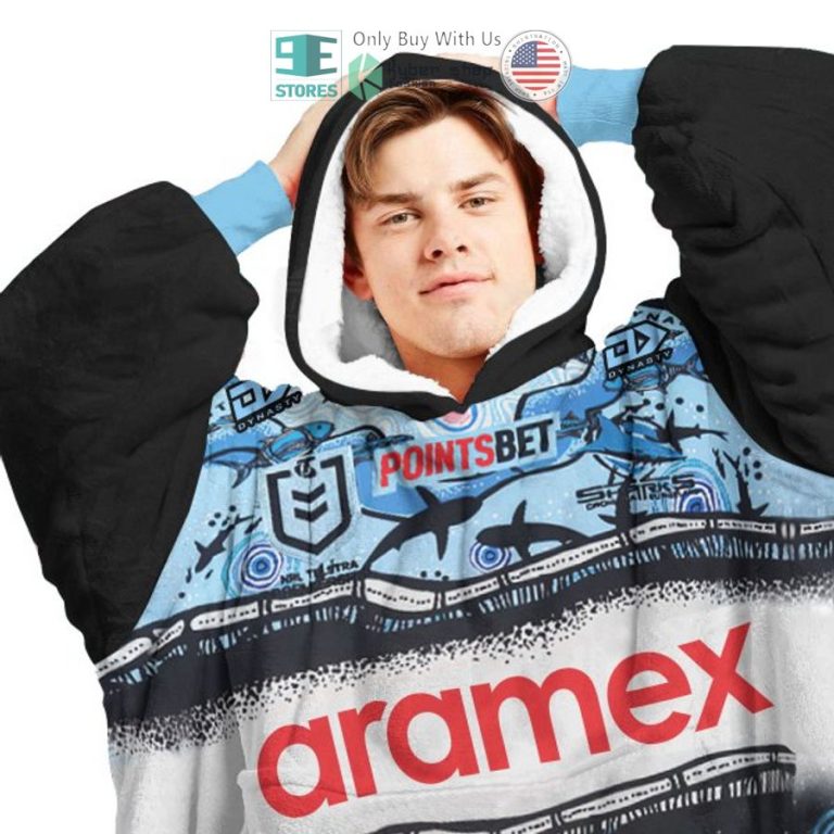 personalized cronulla sutherland sharks aramex sherpa hooded blanket 3 99213