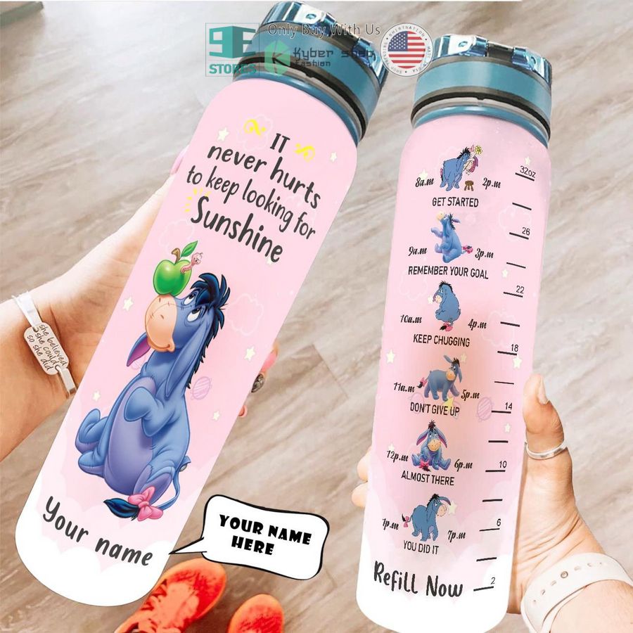 personalized eeyore it never hurts to keep looking for sunshine water bottle 1 94985