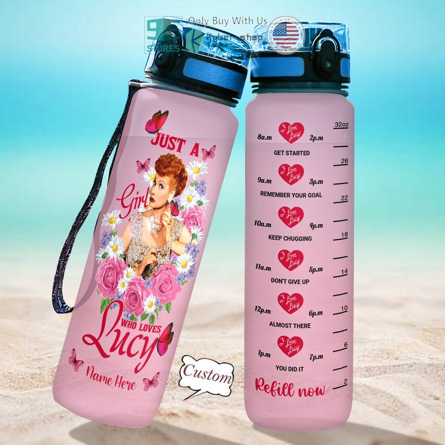 personalized just a girl who loves lucy pink water bottle 1 61084