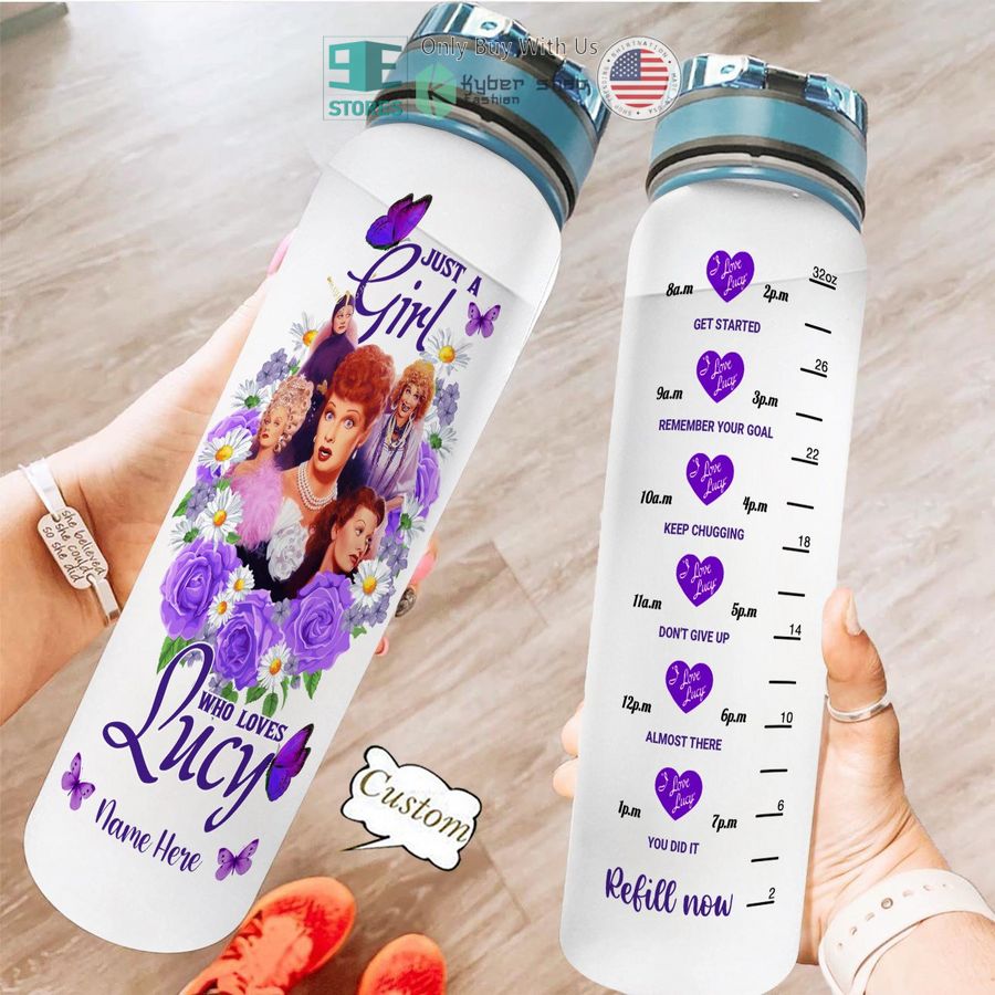 personalized just a girl who loves lucy purple water bottle 1 94844