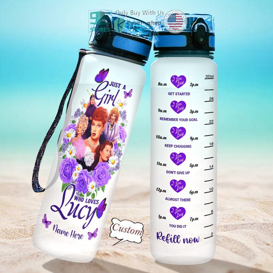 personalized just a girl who loves lucy purple water bottle 2 47388