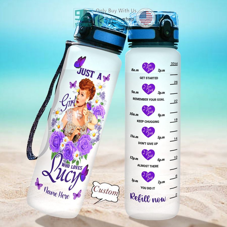 personalized just a girl who loves lucy rose purple water bottle 1 18708