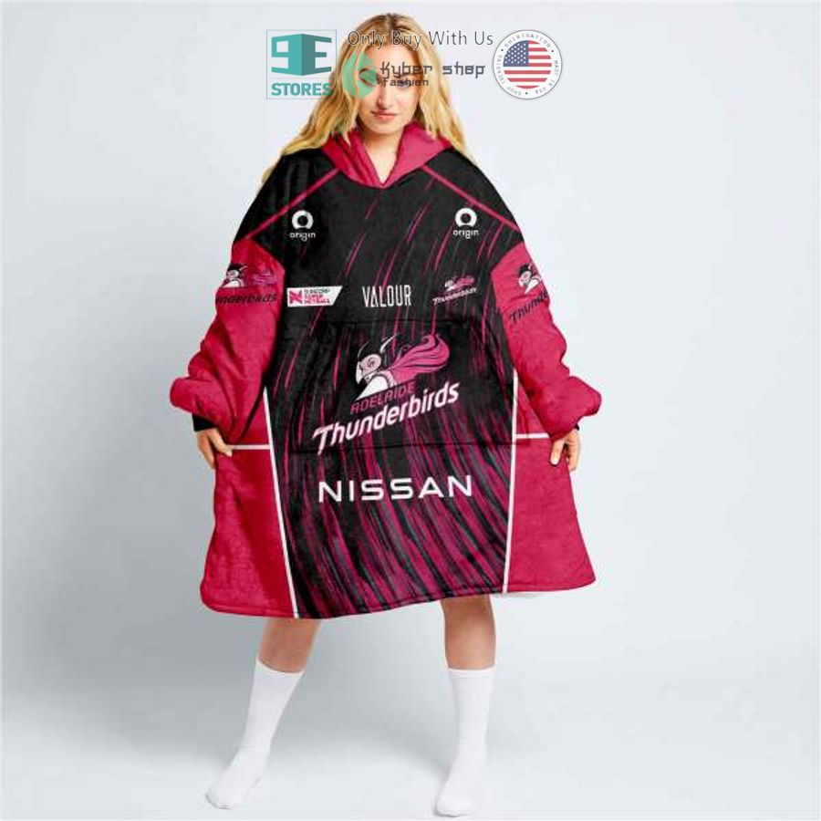 personalized netball adelaide thunderbirds black pink sherpa hooded blanket 2 98841
