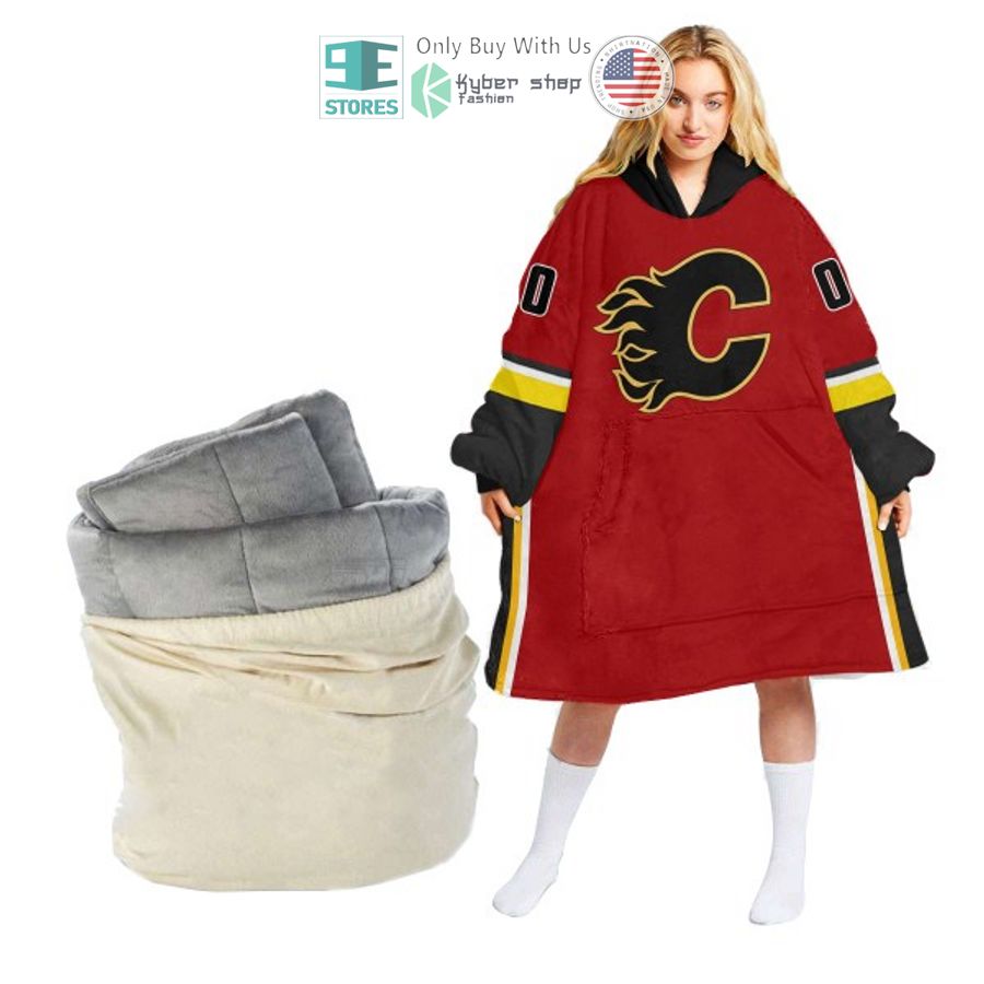 personalized nhl calgary flames logo red sherpa hooded blanket 1 51873